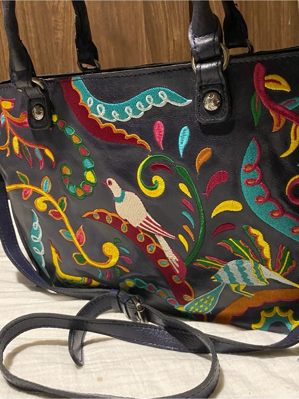 Patricia Nash Navy Birds of Paradise embroidered leather purse bag tote satchel